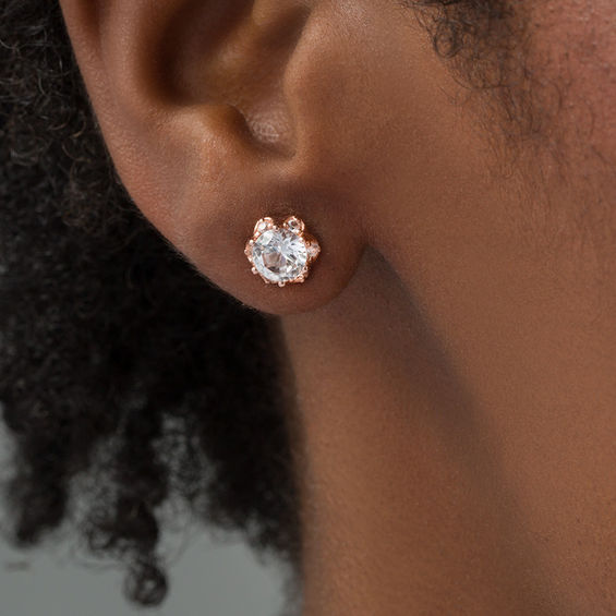 6.0mm Lab-Created White Sapphire Flower Frame Stud Earrings in Sterling Silver with 18K Rose Gold Plate