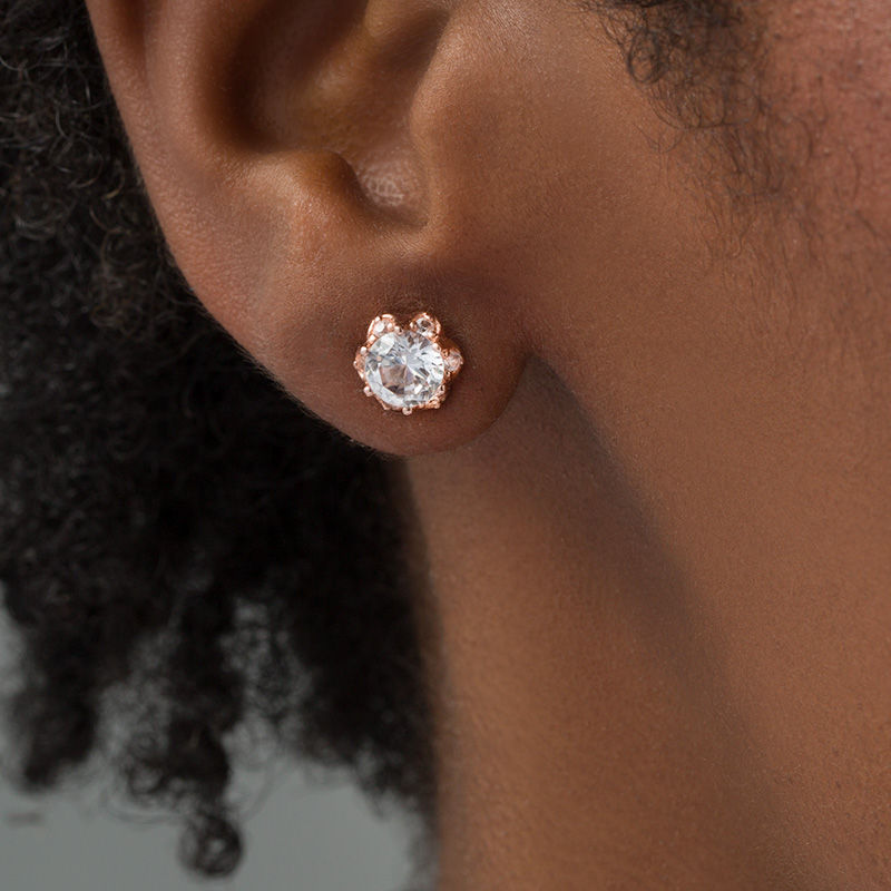 6.0mm Lab-Created White Sapphire Flower Frame Stud Earrings in Sterling Silver with 18K Rose Gold Plate|Peoples Jewellers