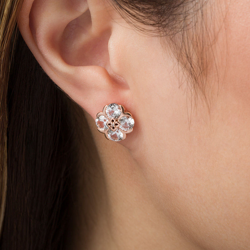 Quad Lab-Created White Sapphire and Diamond Accent Flower Stud Earrings in 10K Rose Gold|Peoples Jewellers