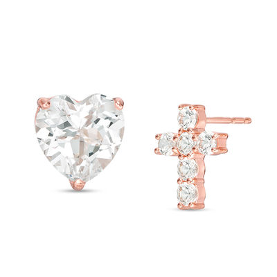 Lab-Created White Sapphire Heart and Cross Mismatch Stud Earrings in Sterling Silver with 18K Rose Gold Plate