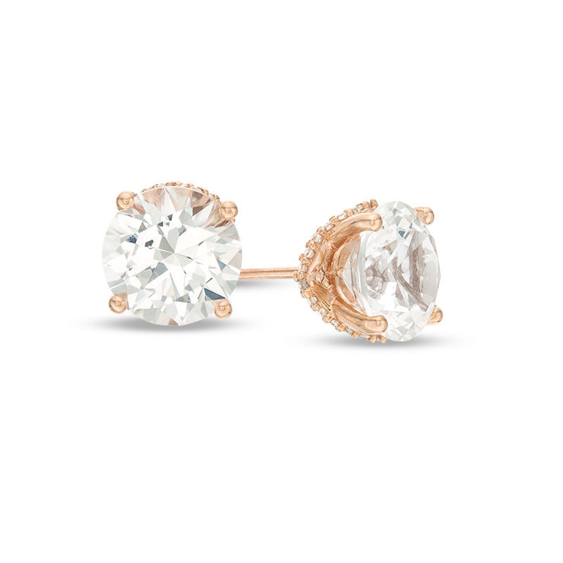 8.0mm Lab-Created White Sapphire and 0.145 CT. T.W. Diamond Stud Earrings in 10K Rose Gold|Peoples Jewellers