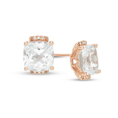 8.0mm Cushion-Cut Lab-Created White Sapphire and Diamond Accent Tri-Sides Stud Earrings in 10K Rose Gold