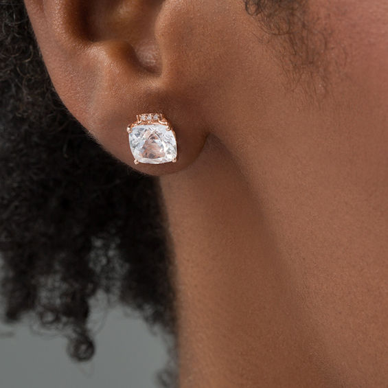 8.0mm Cushion-Cut Lab-Created White Sapphire and Diamond Accent Tri-Sides Stud Earrings in 10K Rose Gold