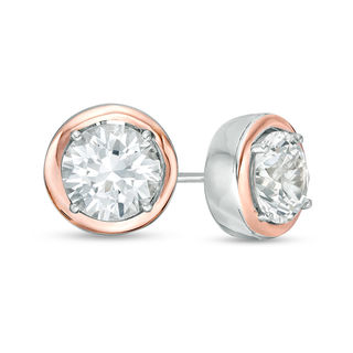 7.0mm Lab-Created White Sapphire Solitaire Stud Earrings in Sterling Silver and 14K Rose Gold