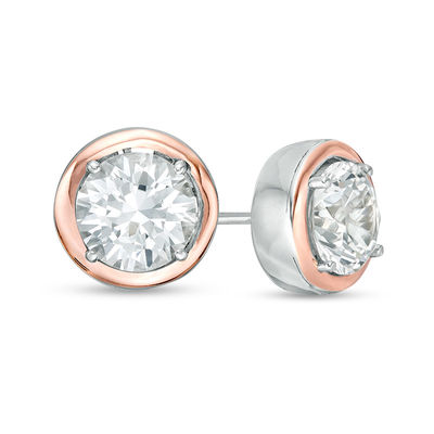 7.0mm Lab-Created White Sapphire Solitaire Stud Earrings in Sterling Silver and 14K Rose Gold