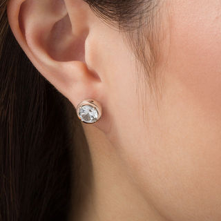 7.0mm Lab-Created White Sapphire Solitaire Stud Earrings in Sterling Silver and 14K Rose Gold