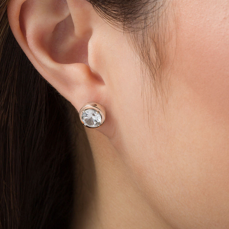 7.0mm Lab-Created White Sapphire Solitaire Stud Earrings in Sterling Silver and 14K Rose Gold|Peoples Jewellers