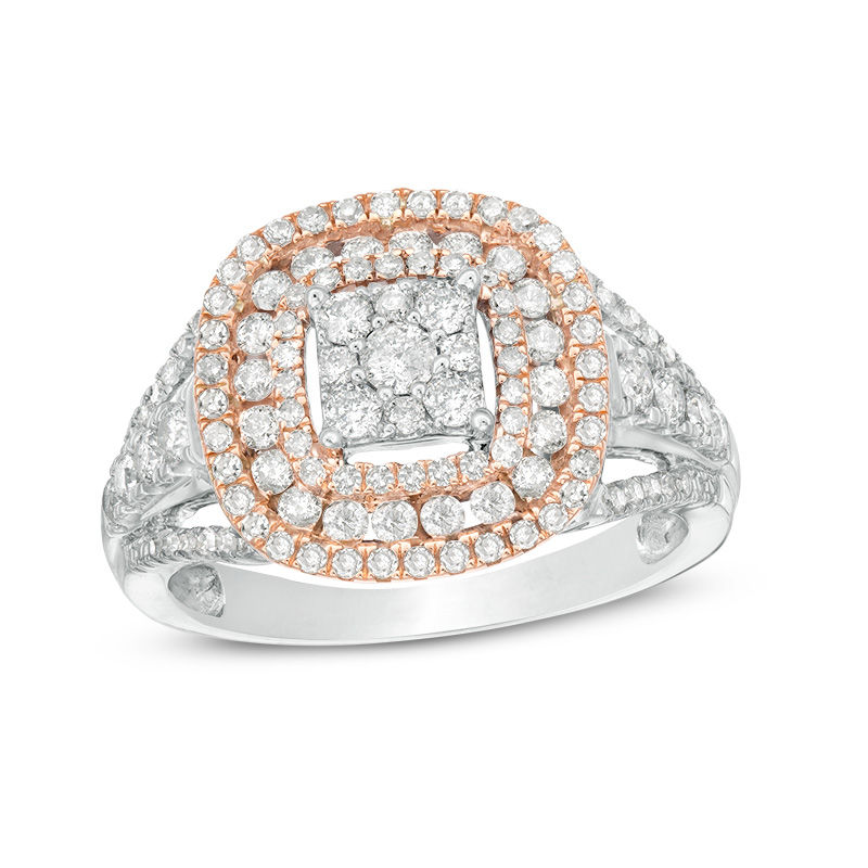 1.00 CT. T.W. Composite Diamond Triple Cushion Frame Ring in 10K Two-Tone Gold|Peoples Jewellers