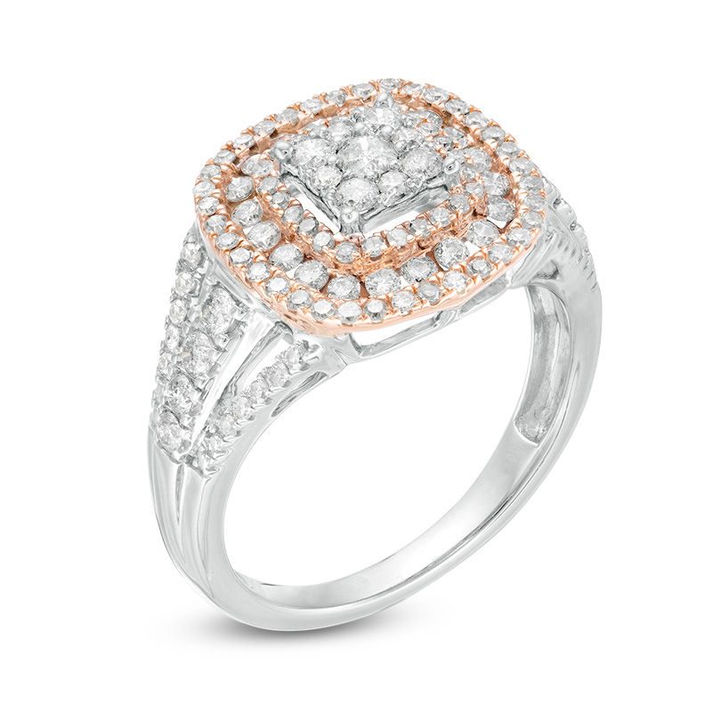 Main Image 2 of 1.00 CT. T.W. Composite Diamond Triple Cushion Frame Ring in 10K Two-Tone Gold