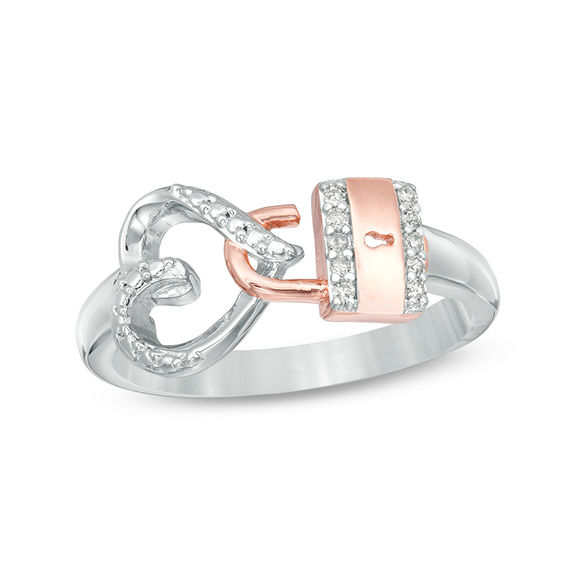 0.04 CT. T.W. Diamond Heart and Lock Ring in Sterling Silver and 10K Rose Gold