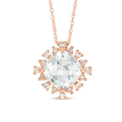 8.0mm Cushion-Cut Lab-Created White Sapphire Sunburst Frame Pendant in 10K Rose Gold