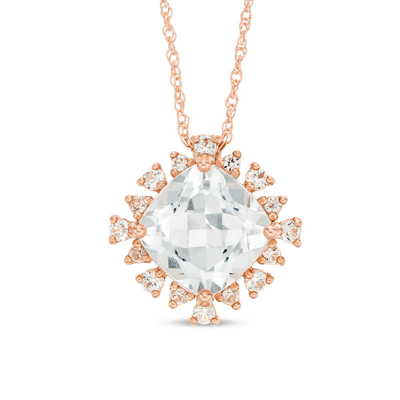 8.0mm Cushion-Cut Lab-Created White Sapphire Sunburst Frame Pendant in 10K Rose Gold|Peoples Jewellers