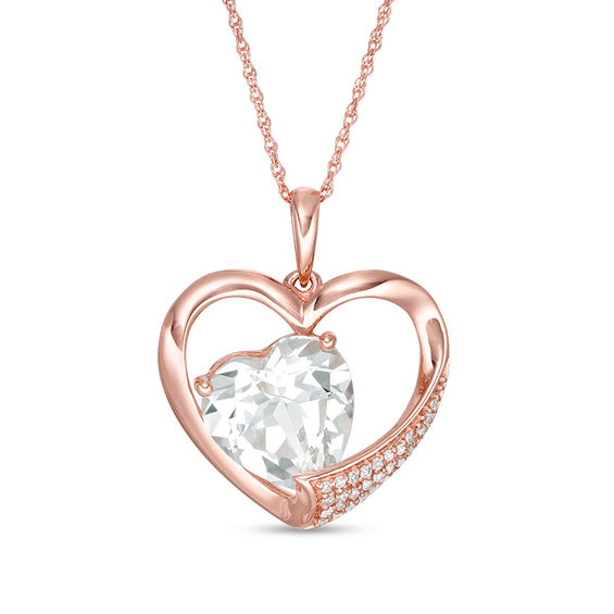 10.0mm Lab-Created White Sapphire and 0.08 CT. T.W. Diamond Heart Pendant in 10K Rose Gold