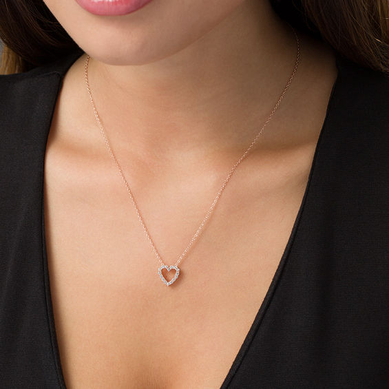 Lab-Created White Sapphire Heart Outline Necklace in Sterling Silver with 18K Rose Gold Plate