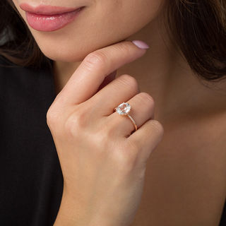 Oval Lab-Created White Sapphire and 0.04 CT. T.W. Diamond Ring in 10K Rose Gold