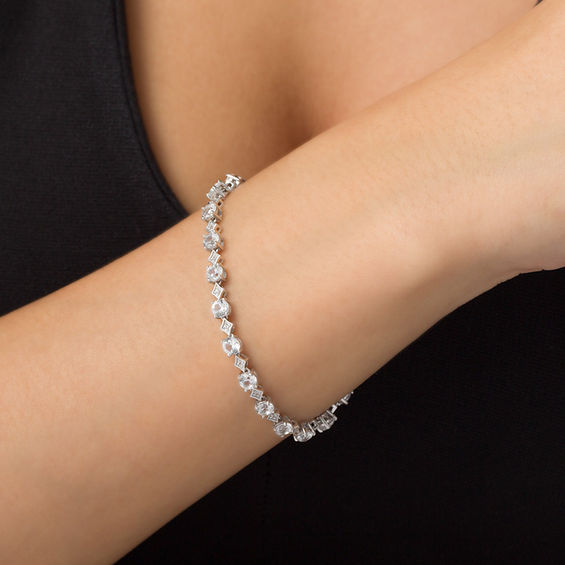 Lab-Created White Sapphire Alternating Geometric Tennis Bracelet in Sterling Silver - 7.5"