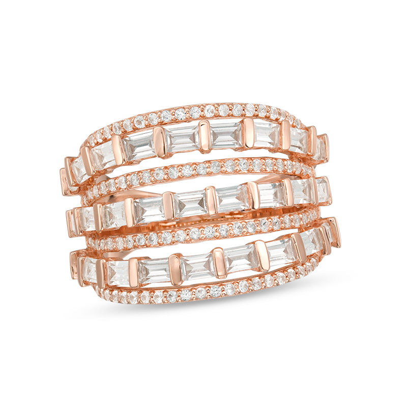 Baguette and Round Lab-Created White Sapphire Multi-Row Ring in Sterling Silver with 18K Rose Gold Plate - Size 7|Peoples Jewellers