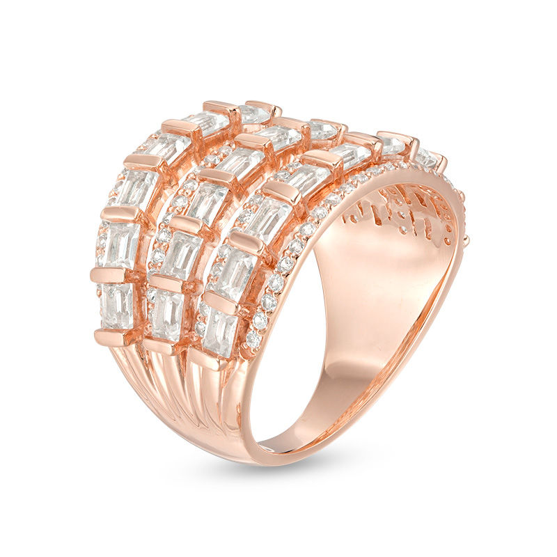 Baguette and Round Lab-Created White Sapphire Multi-Row Ring in Sterling Silver with 18K Rose Gold Plate - Size 7