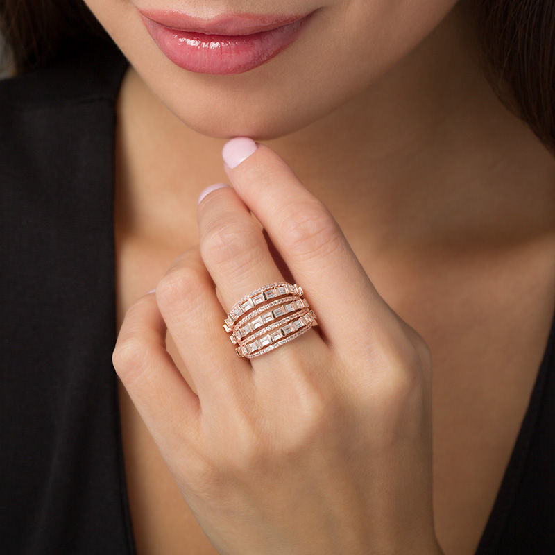 Baguette and Round Lab-Created White Sapphire Multi-Row Ring in Sterling Silver with 18K Rose Gold Plate - Size 7