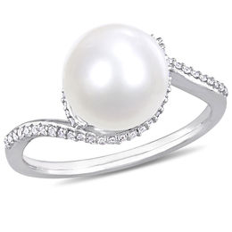 9.0-9.5mm Freshwater Cultured Pearl and 0.15 CT. T.W. Diamond Bypass Ring in 10K White Gold