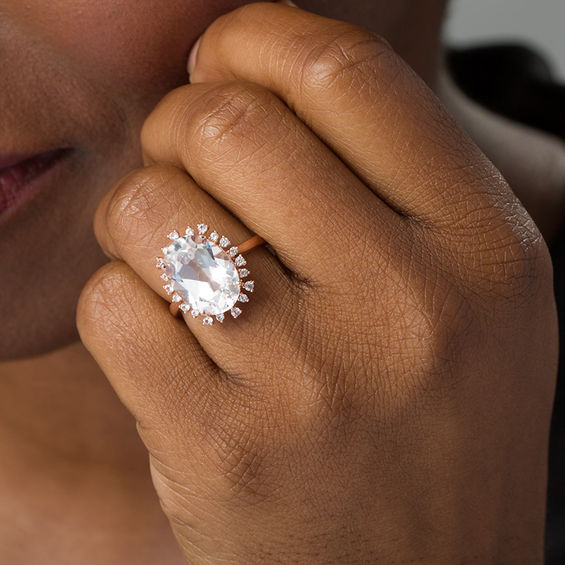 Oval Lab-Created White Sapphire Sunburst Frame Ring in Sterling Silver with 18K Rose Gold Plate - Size 7