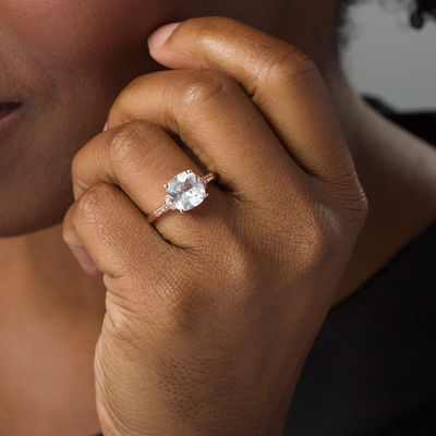 9.0mm Cushion-Cut Lab-Created White Sapphire Collar Ring in Sterling Silver with 18K Rose Gold Plate - Size 7