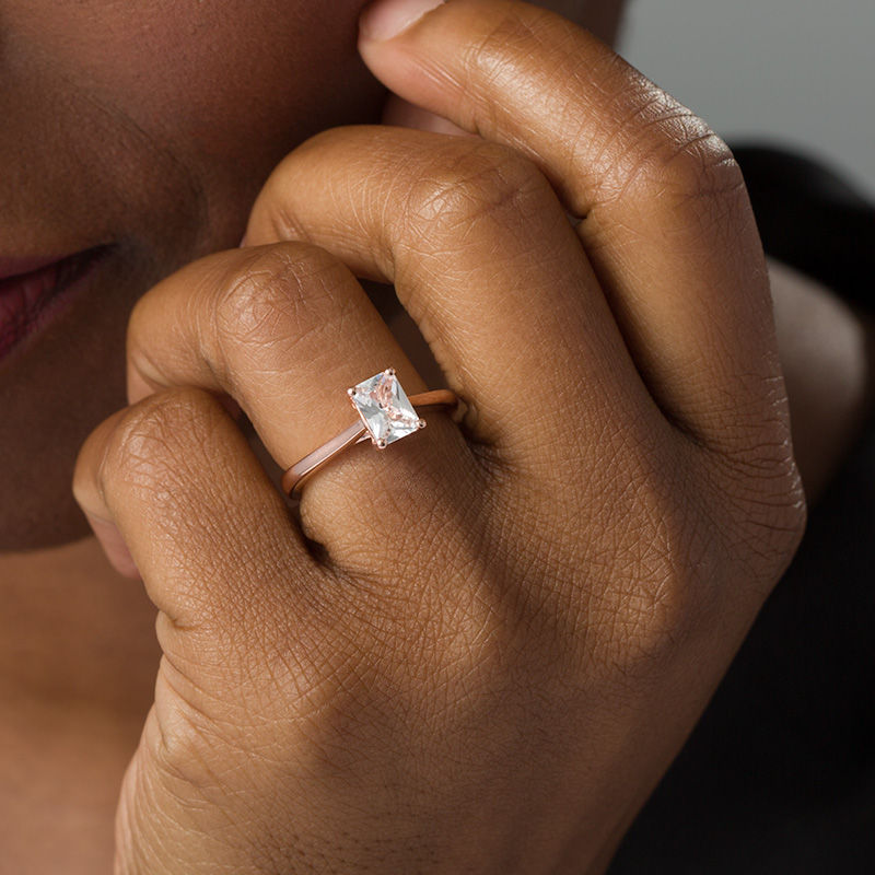 Octagonal Lab-Created White Sapphire Solitaire Ring in Sterling Silver with 18K Rose Gold Plate - Size 7