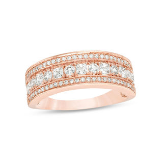 Lab-Created White Sapphire and 0.145 CT. T.W. Diamond Multi-Row Band in 10K Rose Gold - Size 7