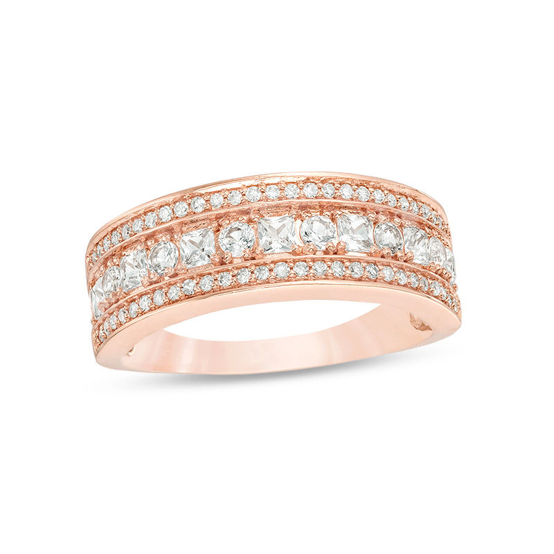 Lab-Created White Sapphire and 0.145 CT. T.W. Diamond Multi-Row Band in 10K Rose Gold - Size 7|Peoples Jewellers