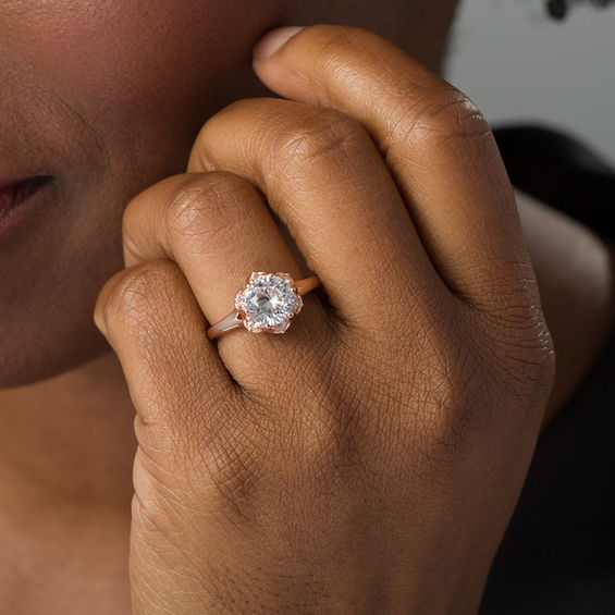 8.0mm Lab-Created White Sapphire Flower Frame Ring in Sterling Silver with 18K Rose Gold Plate - Size 7