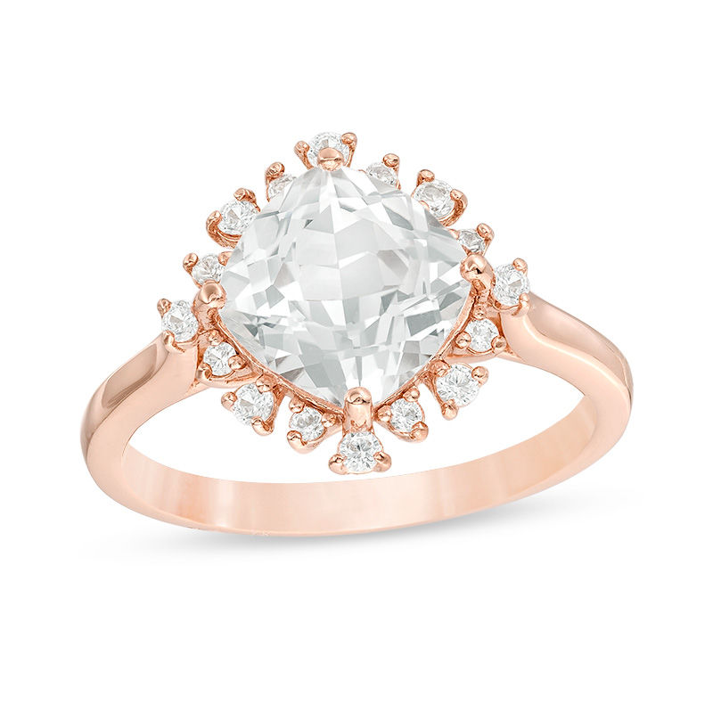 Cushion-Cut Lab-Created White Sapphire Sunburst Frame Ring in 10K Rose Gold|Peoples Jewellers