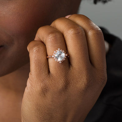 Cushion-Cut Lab-Created White Sapphire Sunburst Frame Ring in 10K Rose Gold