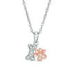 Diamond Accent Dog Bone and Paw Print Pendant in Sterling Silver and 10K Rose Gold