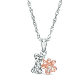 Diamond Accent Dog Bone and Paw Print Pendant in Sterling Silver and 10K Rose Gold