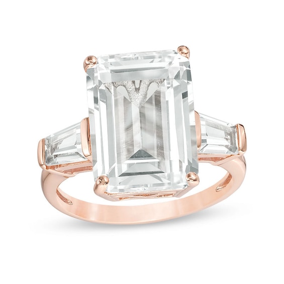 Emerald-Cut Lab-Created White Sapphire Three Stone Collar Ring in Sterling Silver with 18K Rose Gold Plate - Size 7