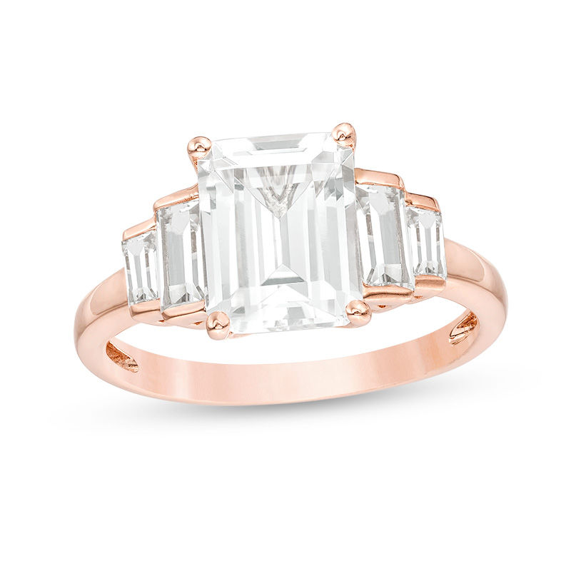 Emerald-Cut and Baguette Lab-Created White Sapphire Five Stone Ring in Sterling Silver with 18K Rose Gold Plate|Peoples Jewellers