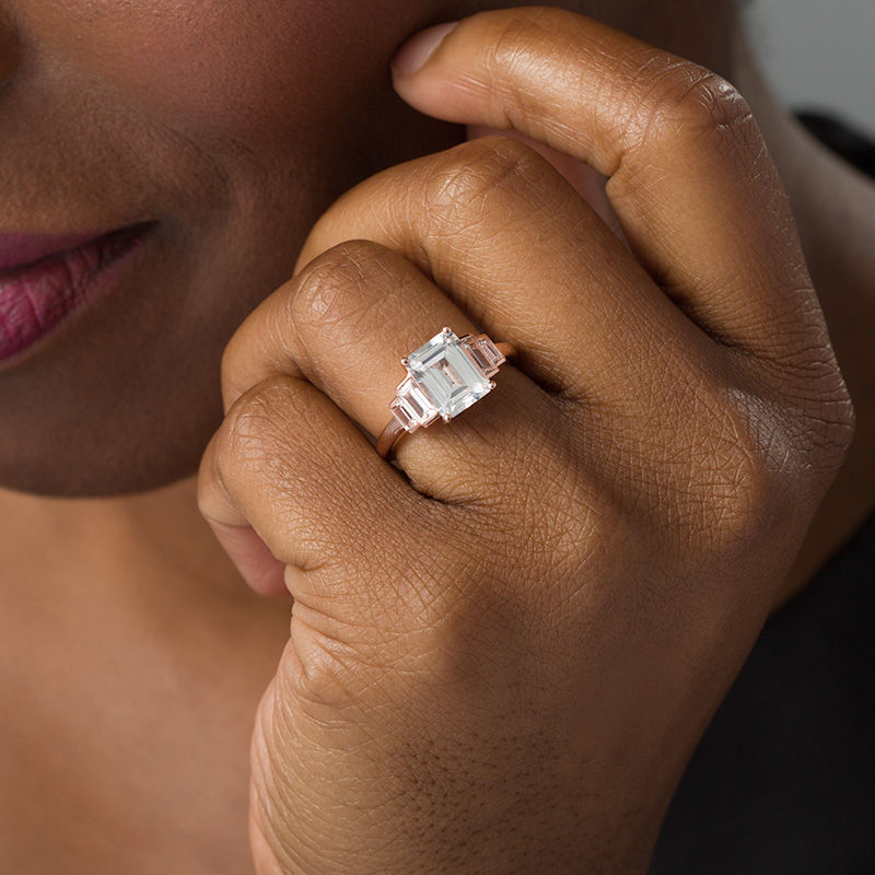 Emerald-Cut and Baguette Lab-Created White Sapphire Five Stone Ring in Sterling Silver with 18K Rose Gold Plate - Size 7|Peoples Jewellers