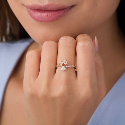 Diamond Accent Heart and Bow Bypass Wrap Ring in Sterling Silver and 10K Rose Gold