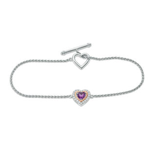 5.0mm Heart-Shaped Amethyst and White Topaz Frame Toggle Bracelet in Sterling Silver and 10K Rose Gold - 7.25"