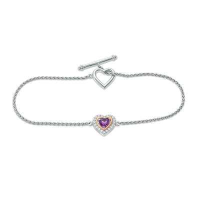 5.0mm Heart-Shaped Amethyst and White Topaz Frame Toggle Bracelet in Sterling Silver and 10K Rose Gold - 7.25"