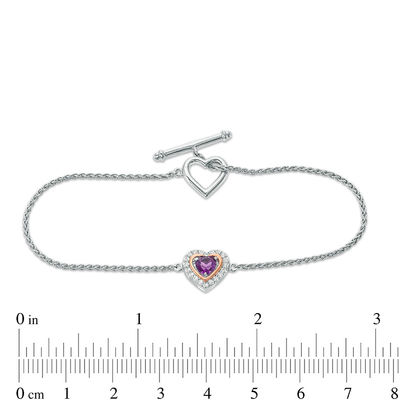 5.0mm Heart-Shaped Amethyst and White Topaz Frame Toggle Bracelet in Sterling Silver and 10K Rose Gold - 7.25"