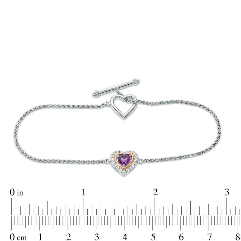 5.0mm Heart-Shaped Amethyst and White Topaz Frame Toggle Bracelet in Sterling Silver and 10K Rose Gold - 7.25"
