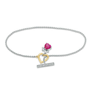 6.0mm Heart-Shaped Lab-Created Ruby and White Sapphire Paw Print Toggle Bracelet in Sterling Silver and 10K Gold - 7.25"