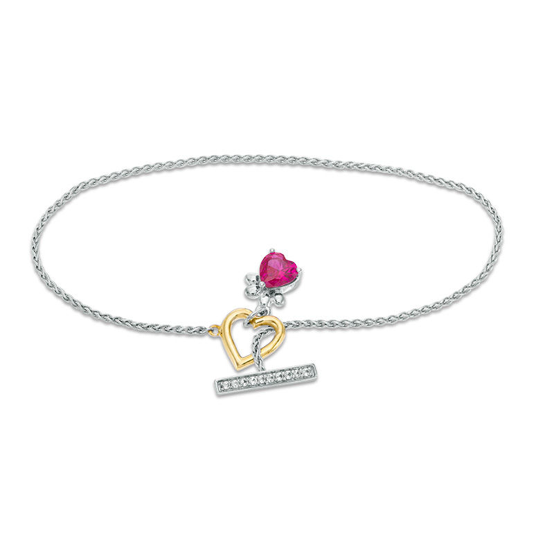 6.0mm Heart-Shaped Lab-Created Ruby and White Sapphire Paw Print Toggle Bracelet in Sterling Silver and 10K Gold - 7.25"|Peoples Jewellers