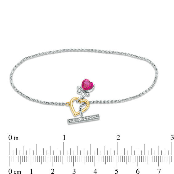 6.0mm Heart-Shaped Lab-Created Ruby and White Sapphire Paw Print Toggle Bracelet in Sterling Silver and 10K Gold - 7.25"