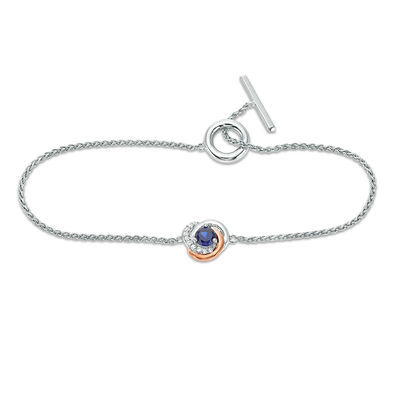 4.0mm Lab-Created Blue and White Sapphire Love Knot Toggle Bracelet in Sterling Silver and 10K Rose Gold - 7.25"