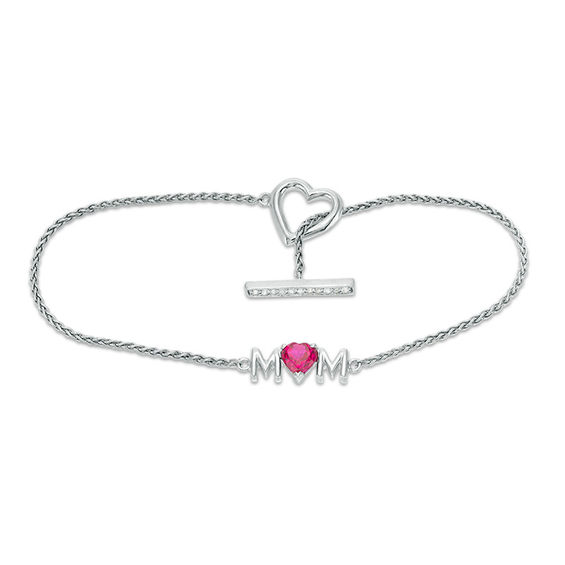 5.0mm Heart-Shaped Lab-Created Ruby and White Sapphire "MOM" Toggle Bracelet in Sterling Silver - 7.25"