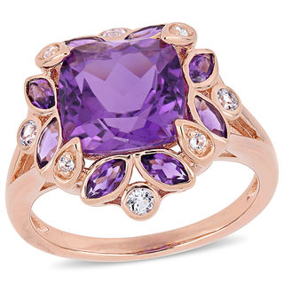 9.0mm Cushion-Cut Amethyst and White Topaz Flower Petal Frame Ring in Sterling Silver with Rose Rhodium