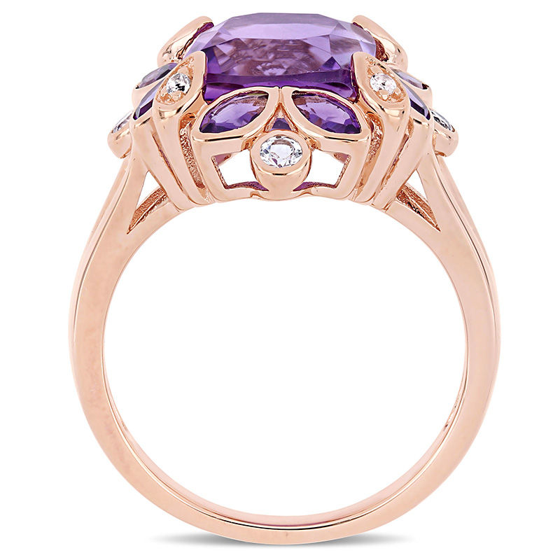 9.0mm Cushion-Cut Amethyst and White Topaz Flower Petal Frame Ring in Sterling Silver with Rose Rhodium