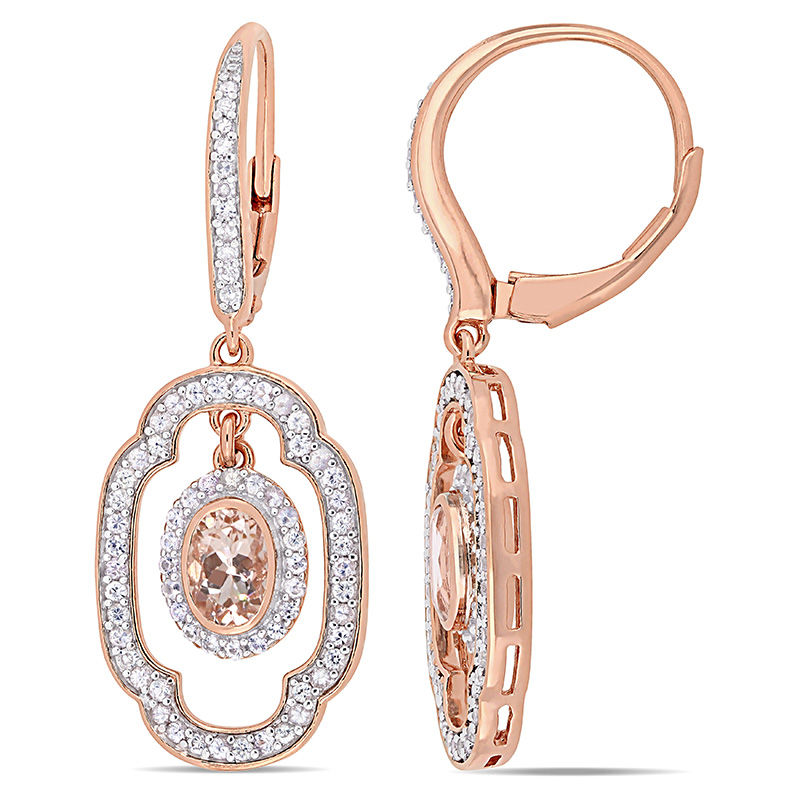 Oval Morganite, White Sapphire and 0.10 CT. T.W. Diamond Geometric Drop Earrings in Sterling Silver with Rose Rhodium|Peoples Jewellers